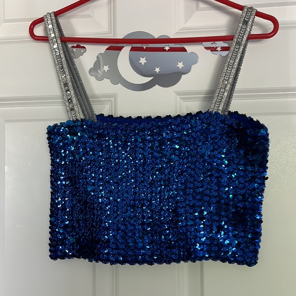 🫶🏼BLUE&SILVER 🎽ELASTIC STRETCHY SEQUINS CROP TOP BY TOPPETTES 50-60’s ATTIRE - Picture 4 of 8